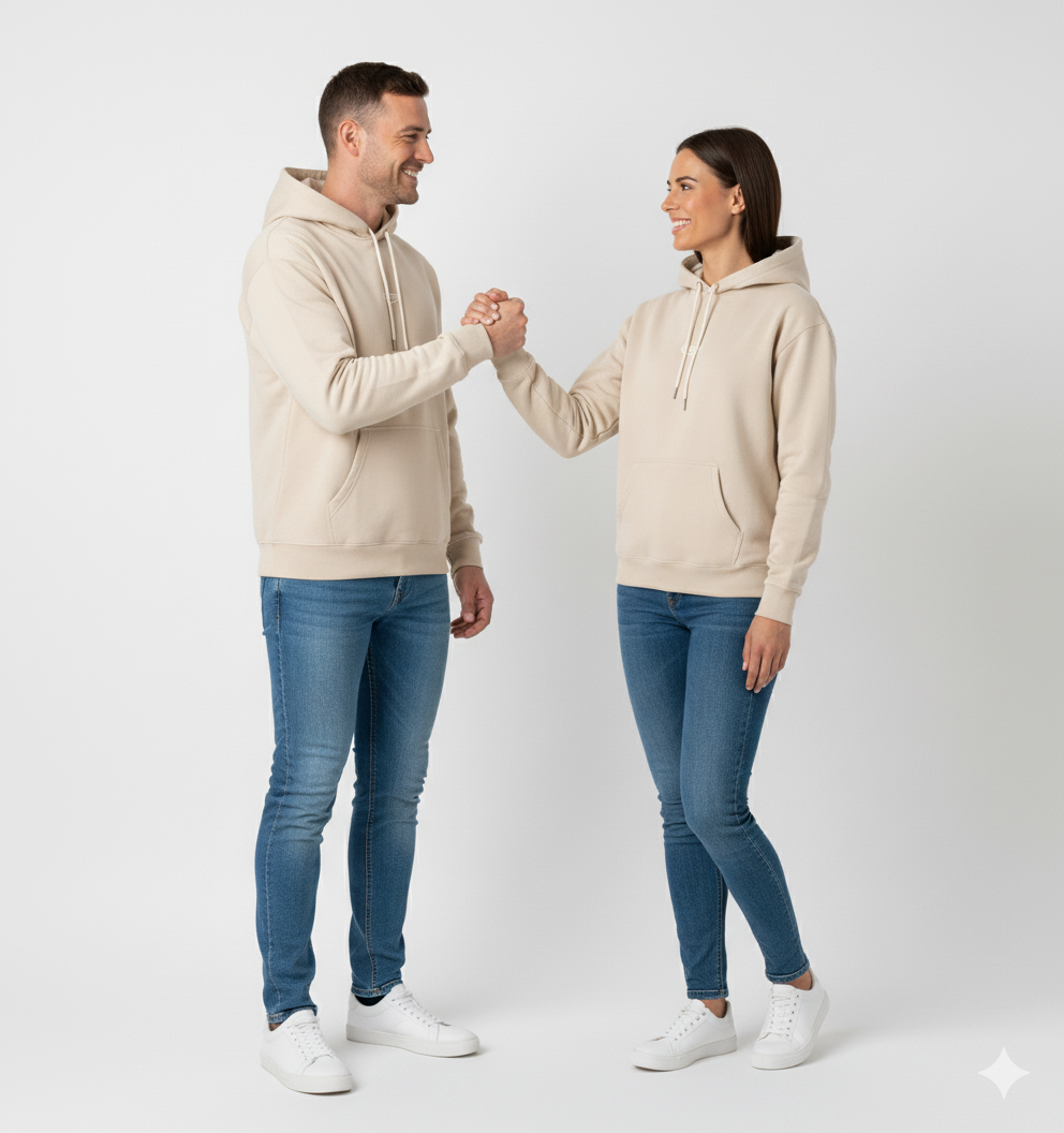 couple heureux d'avoir le même hoodie beige confortable, ile couple se serre la main
